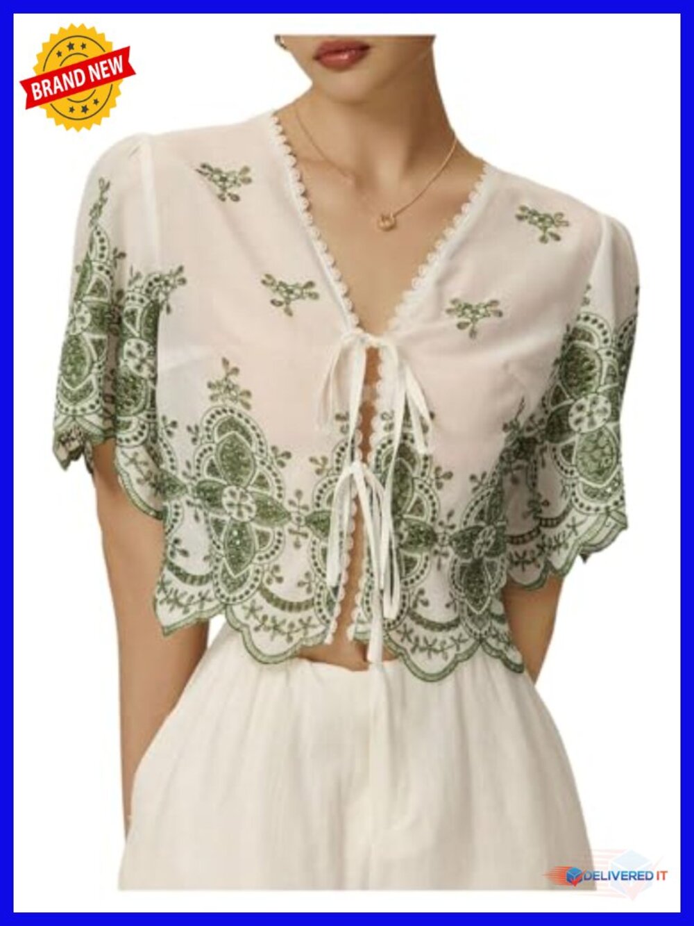 Women's Short Sleeve V-Neck Crop Top Boho Hollow Tie Front Summer Blouse